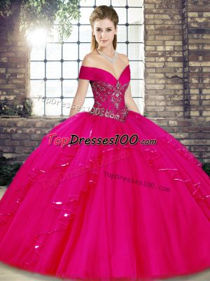 Fabulous Fuchsia Quinceanera Gown Military Ball and Sweet 16 and Quinceanera with Beading and Ruffles Off The Shoulder Sleeveless Lace Up