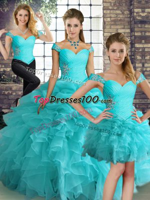 Fashion Aqua Blue Lace Up Sweet 16 Dresses Beading and Ruffles and Pick Ups Sleeveless Floor Length