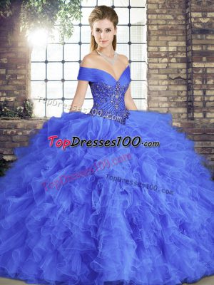 Tulle Sleeveless Floor Length Ball Gown Prom Dress and Beading and Ruffles