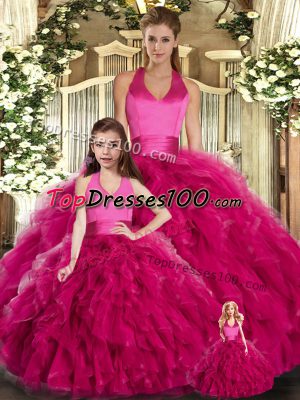 Sleeveless Tulle Floor Length Lace Up Ball Gown Prom Dress in Fuchsia with Ruffles