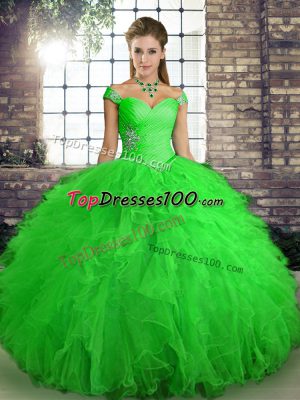 Perfect Off The Shoulder Sleeveless Lace Up Quinceanera Gown Green Tulle