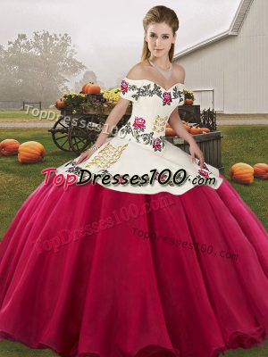 Hot Pink Ball Gowns Embroidery Quinceanera Gowns Lace Up Organza Sleeveless Floor Length