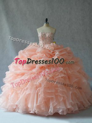 Affordable Strapless Sleeveless Organza 15th Birthday Dress Beading and Ruffles Lace Up