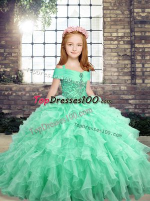 Apple Green Lace Up Little Girls Pageant Gowns Beading and Ruffles Sleeveless Floor Length