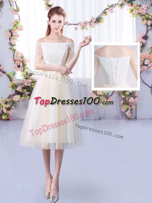 New Style Tulle Off The Shoulder Half Sleeves Lace Up Lace Dama Dress in Champagne