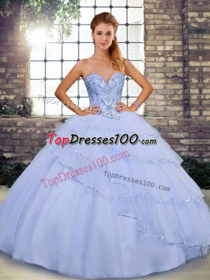 Trendy Tulle Sweetheart Sleeveless Brush Train Lace Up Beading and Ruffled Layers Quince Ball Gowns in Lavender