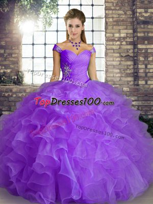 Clearance Sleeveless Floor Length Beading and Ruffles Lace Up Sweet 16 Dress with Lavender