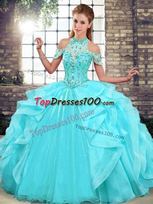 Dynamic Aqua Blue Sleeveless Floor Length Beading and Ruffles Lace Up Sweet 16 Dresses
