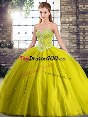 Fantastic Sweetheart Sleeveless Sweet 16 Dress Brush Train Beading Olive Green Tulle