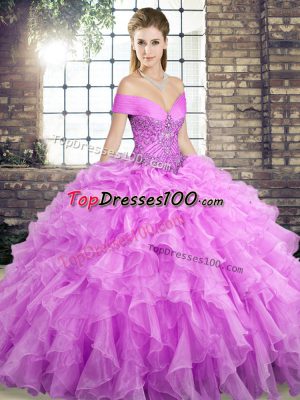 Great Lilac Ball Gowns Off The Shoulder Sleeveless Organza Brush Train Lace Up Beading and Ruffles 15 Quinceanera Dress