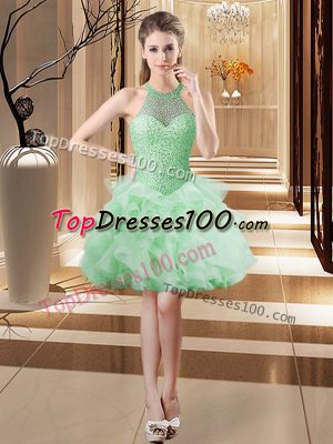 Custom Fit Apple Green Tulle Lace Up Womens Party Dresses Sleeveless Mini Length Beading and Ruffles