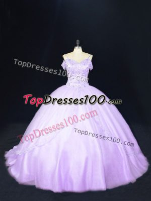 Sophisticated Lavender Ball Gowns Beading Quinceanera Gowns Lace Up Tulle Sleeveless