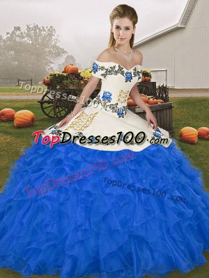 Ball Gowns 15 Quinceanera Dress Royal Blue Off The Shoulder Organza Sleeveless Floor Length Lace Up