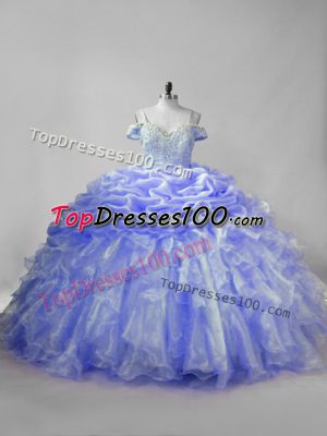 Excellent Lavender and Purple Ball Gowns Organza Straps Sleeveless Beading and Ruffles and Pick Ups Lace Up Quince Ball Gowns Brush Train