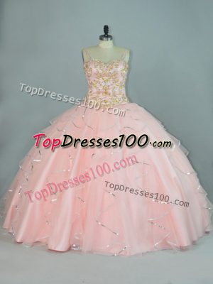 Best Selling Peach Ball Gowns Beading and Ruffles Quinceanera Dress Lace Up Tulle Sleeveless Floor Length