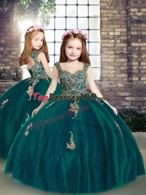 Peacock Green Tulle Lace Up Child Pageant Dress Sleeveless Floor Length Appliques