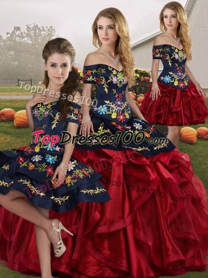 Pretty Red And Black Lace Up Sweet 16 Quinceanera Dress Embroidery and Ruffles Sleeveless Floor Length
