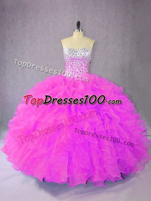 Popular Sleeveless Organza Floor Length Lace Up Quinceanera Dress in Lilac with Ruffles