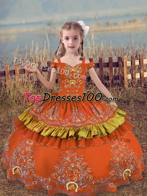 Ball Gowns Little Girls Pageant Dress Wholesale Rust Red Off The Shoulder Satin Sleeveless Floor Length Lace Up