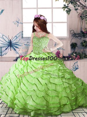 Sleeveless Court Train Beading and Ruffled Layers Kids Formal Wear