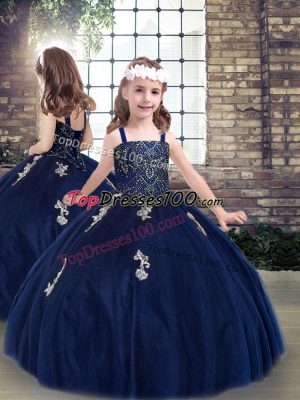 Affordable Navy Blue Sleeveless Tulle Lace Up Kids Pageant Dress