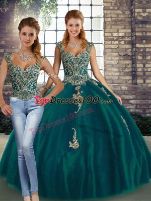 Nice Peacock Green Sleeveless Floor Length Beading and Appliques Lace Up Quinceanera Dress