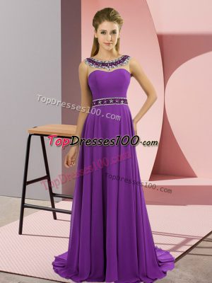 Free and Easy Purple Sleeveless Beading Zipper Prom Dresses