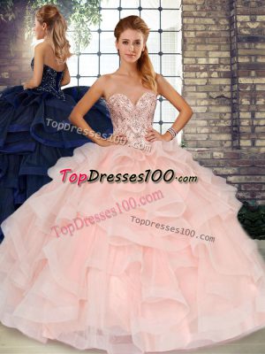 Fantastic Baby Pink Tulle Lace Up Sweetheart Sleeveless Floor Length 15th Birthday Dress Beading and Ruffles
