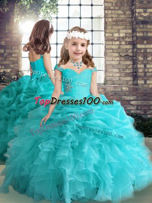 Inexpensive Beading and Ruffles Little Girls Pageant Dress Aqua Blue Side Zipper Sleeveless Floor Length