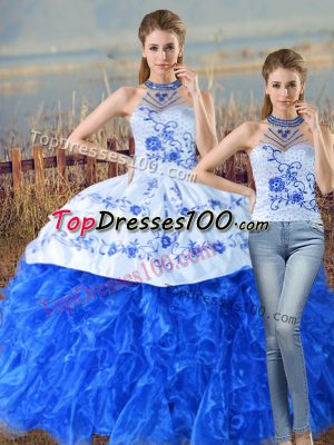 Glorious Halter Top Sleeveless Court Train Lace Up Sweet 16 Dress Blue And White Organza