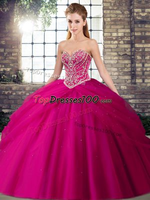 Vintage Fuchsia Sweetheart Lace Up Beading and Pick Ups Ball Gown Prom Dress Brush Train Sleeveless