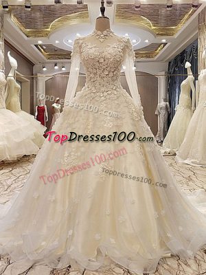 Smart White High-neck Neckline Appliques Wedding Dresses Long Sleeves Lace Up