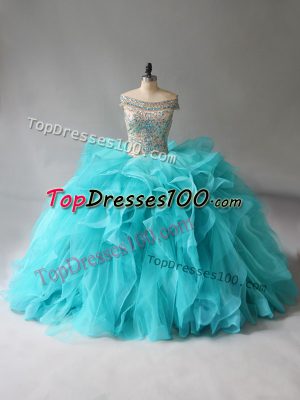 Aqua Blue Sleeveless Brush Train Beading and Ruffles Quinceanera Gown