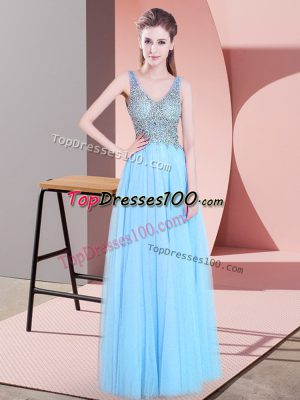 Baby Blue V-neck Zipper Beading Prom Evening Gown Sleeveless