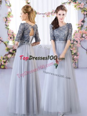 Sweet Grey Empire Appliques Bridesmaid Dress Lace Up Tulle Half Sleeves Floor Length