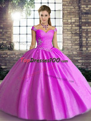 Dazzling Lilac Off The Shoulder Lace Up Beading Quinceanera Gown Sleeveless