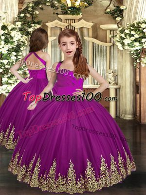 Simple Sleeveless Tulle Asymmetrical Lace Up Pageant Dress for Teens in Purple with Embroidery