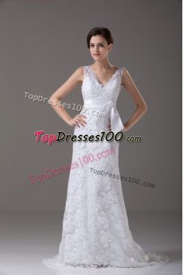 Flirting White Sleeveless Lace and Belt Backless Wedding Gown