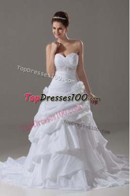 Amazing White A-line Beading and Pick Ups and Hand Made Flower Wedding Gowns Lace Up Taffeta Sleeveless