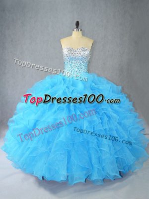 Edgy Floor Length Lace Up Quinceanera Dress Aqua Blue for Sweet 16 and Quinceanera with Beading and Ruffles