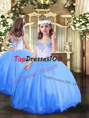 Floor Length Baby Blue Little Girl Pageant Dress Tulle Sleeveless Beading