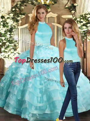 Aqua Blue Ball Gowns Beading and Ruffled Layers 15th Birthday Dress Backless Organza Sleeveless Floor Length