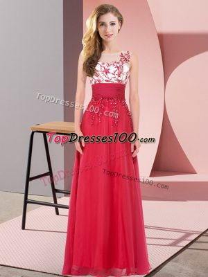 Custom Made Sleeveless Chiffon Floor Length Backless Bridesmaids Dress in Red with Appliques