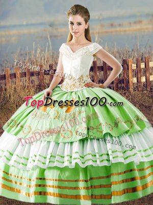 Glittering Satin V-neck Sleeveless Lace Up Embroidery and Ruffled Layers Sweet 16 Dress in