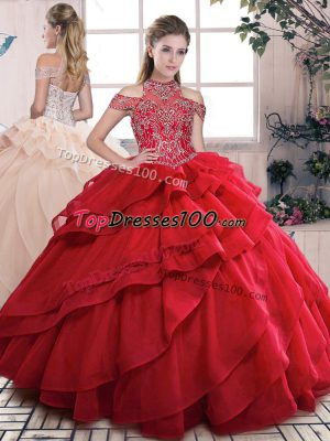 Beauteous Red Sleeveless Beading and Ruffled Layers Floor Length Ball Gown Prom Dress
