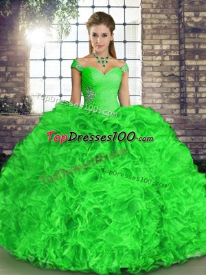 Vintage Organza Off The Shoulder Sleeveless Lace Up Beading and Ruffles Quince Ball Gowns in Green