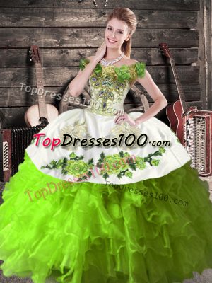 Sexy Green Ball Gowns Off The Shoulder Sleeveless Organza Floor Length Lace Up Embroidery and Ruffles 15th Birthday Dress