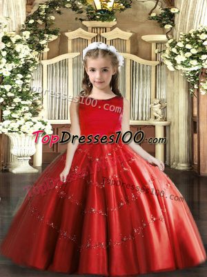 Floor Length Red Girls Pageant Dresses Tulle Sleeveless Beading