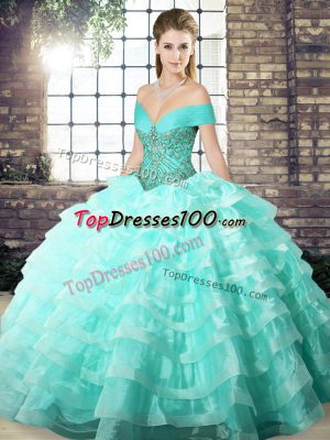 High End Apple Green Sleeveless Organza Brush Train Lace Up Quinceanera Dresses for Military Ball and Sweet 16 and Quinceanera