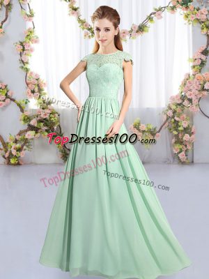 Apple Green Empire Chiffon Scoop Cap Sleeves Lace Floor Length Clasp Handle Quinceanera Court of Honor Dress